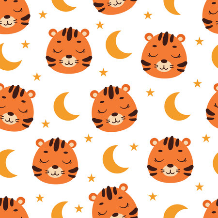 Cute little slipping tiger head seamless childish pattern. Funny cartoon animal character for fabric, wrapping, textile, wallpaper, apparel. vector illustration.のイラスト素材