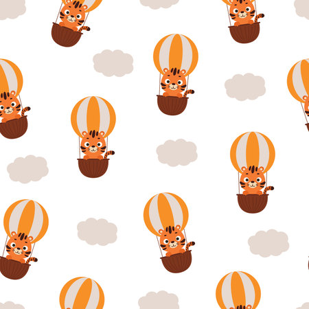 Cute little tiger flying on hot air balloon seamless childish pattern. Funny cartoon animal character for fabric, wrapping, textile, wallpaper, apparel. vector illustration.のイラスト素材