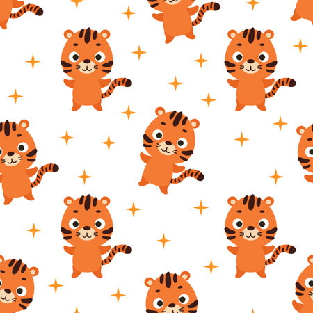 Cute little tiger seamless childish pattern. Funny cartoon animal character for fabric, wrapping, textile, wallpaper, apparel. vector illustration.のイラスト素材