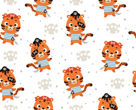 Cute little pirate tiger seamless childish pattern. Funny cartoon animal character for fabric, wrapping, textile, wallpaper, apparel. vector illustration.のイラスト素材