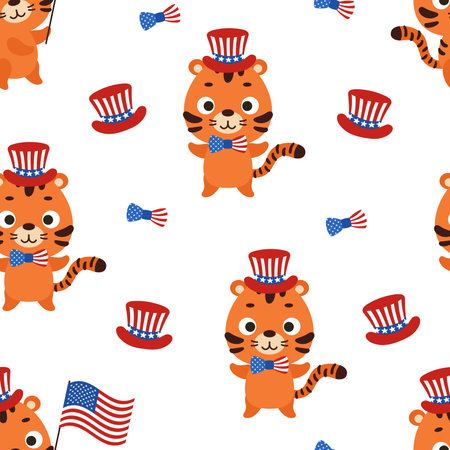 Cute little tiger in USA patriotic hat seamless childish pattern. Funny cartoon animal character for fabric, wrapping, textile, wallpaper, apparel. vector illustration.のイラスト素材