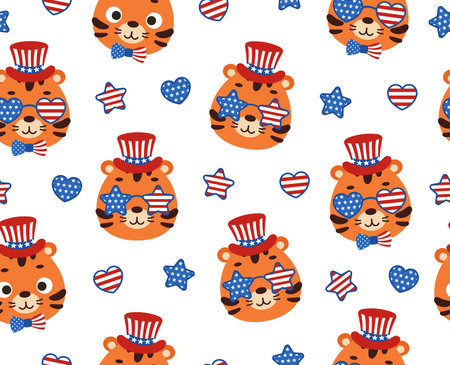 Cute little tiger head in USA patriotic hat seamless childish pattern. Funny cartoon animal character for fabric, wrapping, textile, wallpaper, apparel. vector illustration.のイラスト素材