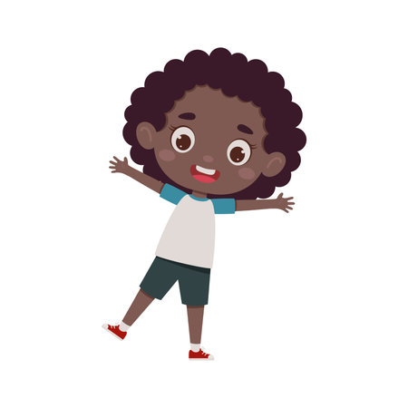 Cute cartoon little happy african girl. Little schoolgirl character show facial expression. vector illustration.のイラスト素材