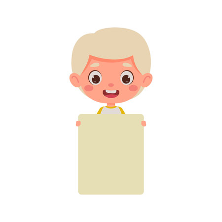 Cute little kid boy with blond hair holding empty blank board. cartoon child character. vector illustration.のイラスト素材