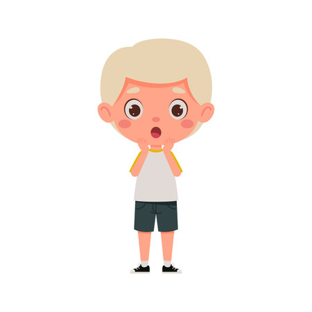 Cute cartoon little scary boy with blond hair. Little schoolboy character show facial expression. vector illustration.のイラスト素材
