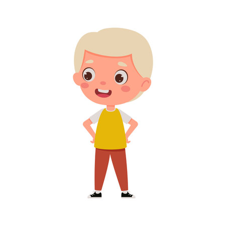 Cute cartoon little boy with blond hair. little schoolboy character. vector illustration.のイラスト素材