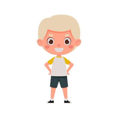 Cute little kid happy boy with blond hair smile. Cartoon schoolboy character show facial expression. vector illustration.のイラスト素材
