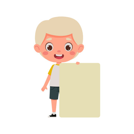 Cute little kid boy with blond hair and empty blank paper. cartoon child character. vector illustration.のイラスト素材