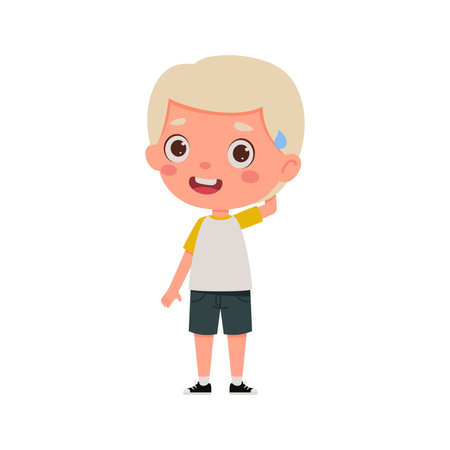 Cute little kid boy with blond hair confused. Cartoon schoolboy character show facial expression. vector illustration.のイラスト素材