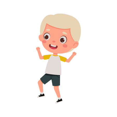 Cute little kid happy boy with blond hair jump. Cartoon schoolboy character show facial expression. vector illustration.のイラスト素材