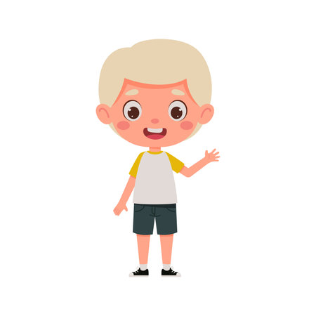 Cute cartoon little boy with blond hair waving his hand. little schoolboy character. vector illustration.のイラスト素材