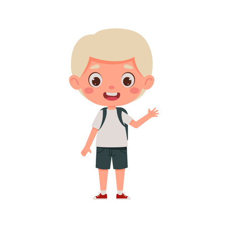 Cute cartoon little boy with blond hair and the backpack waving his hand hello. little schoolboy character. vector illustration.のイラスト素材