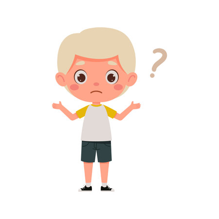 Cute little kid boy with blond hair confused with question mark. Cartoon schoolboy character show facial expression. vector illustration.のイラスト素材
