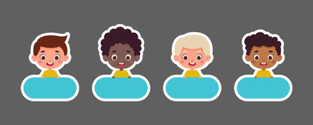 Cute kid boy name tags for school. Sticky labels set for children name. Cute cartoon kids shaped notepads, memo pad, flag markers for office school, scrapbooking, print. Vector stock illustration.のイラスト素材