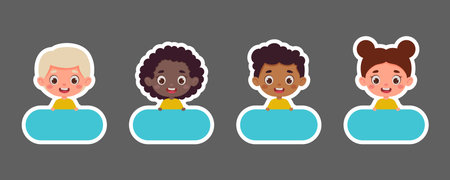 Sticky labels set for children name. Cute kid boy and girl name tags for school. Cute cartoon kids shaped notepads, flag markers for office school, scrapbooking, print. Vector stock illustration.のイラスト素材