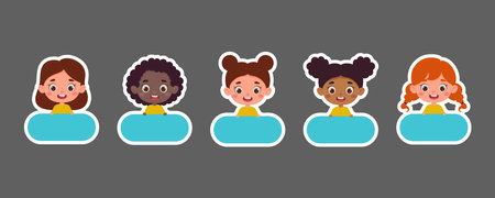 Cute kid girl name tags for school. Sticky labels set for children name. Cute cartoon kids shaped notepads, memo pad, flag markers for office school, scrapbooking, print. Vector stock illustration.のイラスト素材