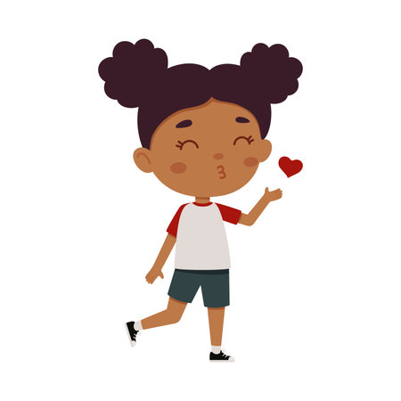 Cute little kid girl blowing a kiss. Cartoon schoolgirl character show facial expression. vector illustration.のイラスト素材
