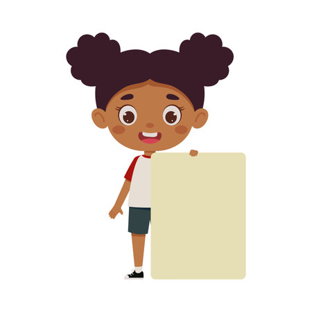 Cute little kid girl with empty blank paper. Cartoon schoolgirl character template. Vector stock illustration.のイラスト素材
