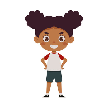 Cute little kid happy girl smile. Cartoon schoolgirl character show facial expression. vector illustration.のイラスト素材