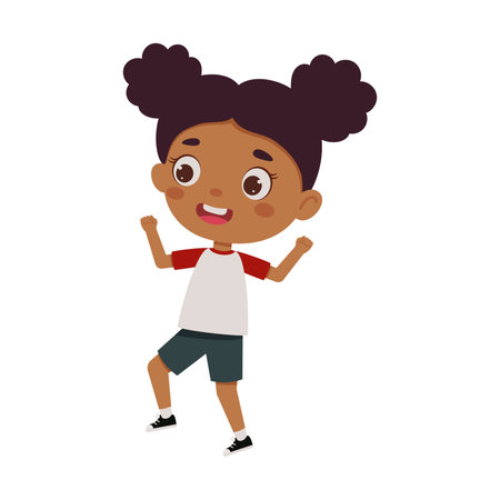 Cute little kid happy girl jump. Cartoon schoolgirl character show facial expression. vector illustration.のイラスト素材