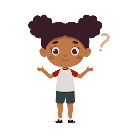 Cute little kid girl confused with question mark. Cartoon schoolgirl character show facial expression. vector illustration.のイラスト素材