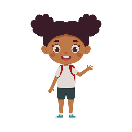 Cute cartoon little girl with the backpack waving her hand hello. little schoolgirl character. vector illustration.のイラスト素材