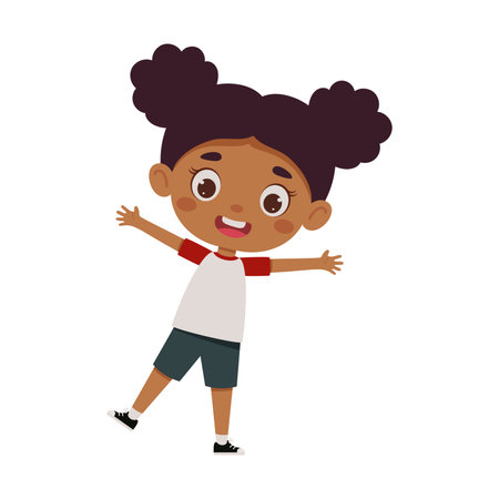 Cute cartoon little happy girl. Little schoolgirl character show facial expression. vector illustration.のイラスト素材