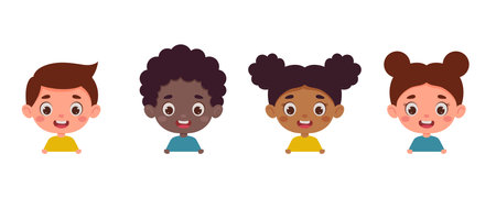 Set of multicultural kid boy and girl heads. Children peeking out. cartoon child characters. vector illustration.のイラスト素材