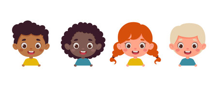 Set of multicultural kid boy and girl heads. Children peeking out. cartoon child characters. vector illustration.のイラスト素材