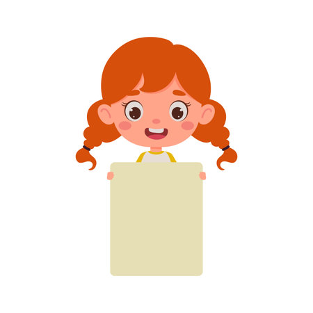 Cute little kid girl with red hair holding empty blank board. cartoon child character. vector illustration.のイラスト素材