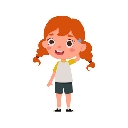 Cute little kid girl with red hair confused. Cartoon schoolgirl character show facial expression. vector illustration.のイラスト素材