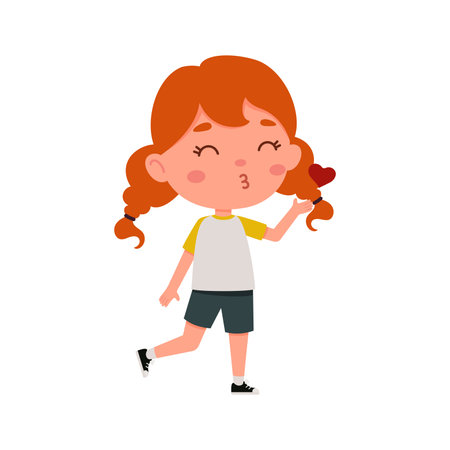 Cute little kid girl with red hair blowing a kiss. Cartoon schoolgirl character show facial expression. vector illustration.のイラスト素材