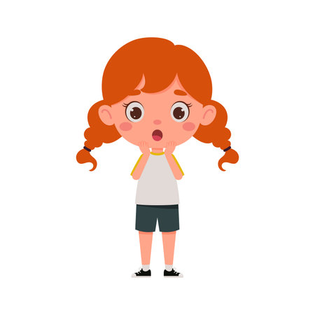 Cute cartoon little scary girl with red hair. Little schoolgirl character show facial expression. vector illustration.のイラスト素材