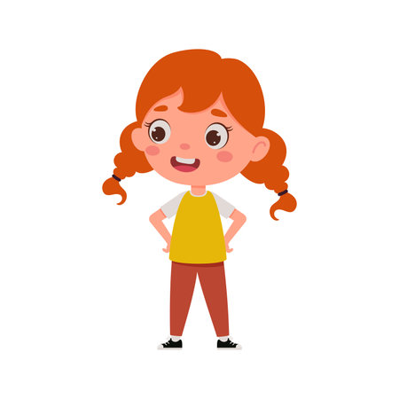 Cute cartoon little girl with red hair. little schoolgirl character. vector illustration.のイラスト素材