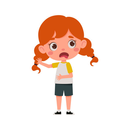 Cute little kid girl with red hair feeling disgusted. Cartoon schoolgirl character show facial expression. vector illustration.のイラスト素材