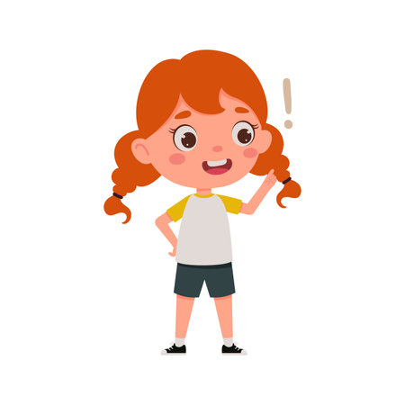 Cute little kid girl with red hair and great idea. Cartoon schoolgirl character show facial expression. vector illustration.のイラスト素材