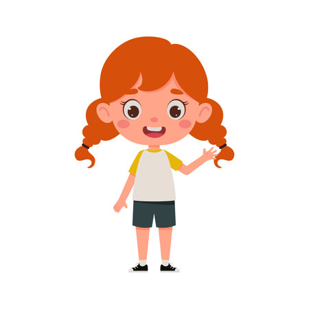 Cute cartoon little girl with red hair waving her hand. little schoolgirl character. vector illustration.のイラスト素材