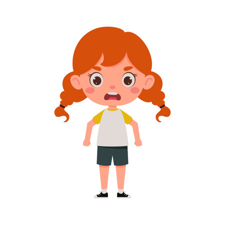 Cute cartoon little angry girl with red hair. little schoolgirl character. vector illustration.のイラスト素材