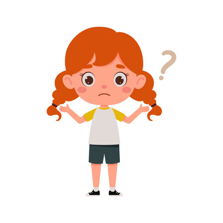Cute little kid girl with red hair confused with question mark. Cartoon schoolgirl character show facial expression. vector illustration.のイラスト素材