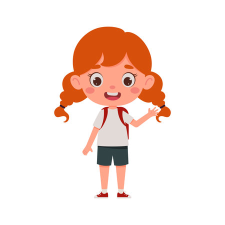 Cute cartoon little girl with red hair and backpack waving her hand hello. little schoolgirl character. vector illustration.のイラスト素材