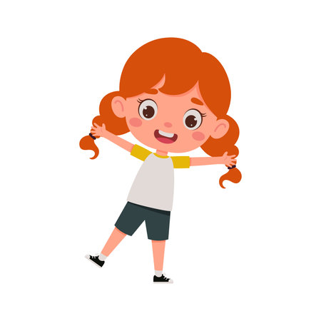 Cute cartoon little happy girl with red hair. Little schoolgirl character show facial expression. vector illustration.のイラスト素材
