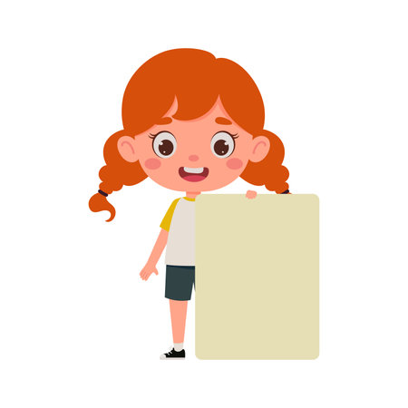 Cute little kid girl with red hair and empty blank paper. cartoon child character. vector illustration.のイラスト素材