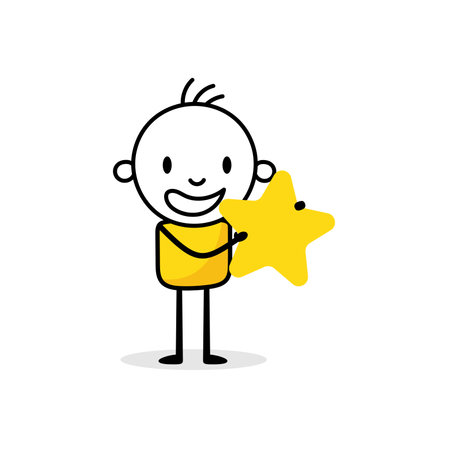 Comic man character holds a star in his hands. Customer reviews, feedback, evaluation, rate the service concept. Vector stock illustrationのイラスト素材