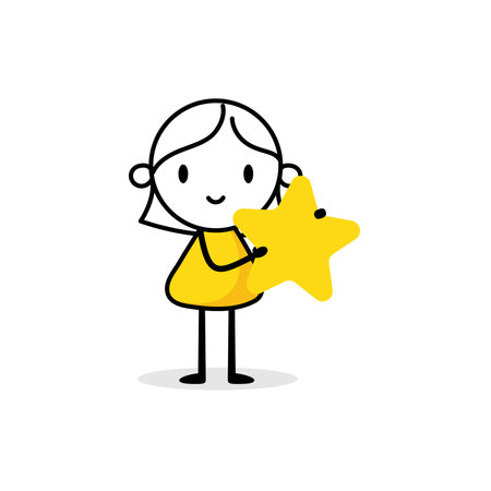 Comic woman character holds a star in her hands. Customer reviews, feedback, evaluation, rate the service concept. Vector stock illustrationのイラスト素材