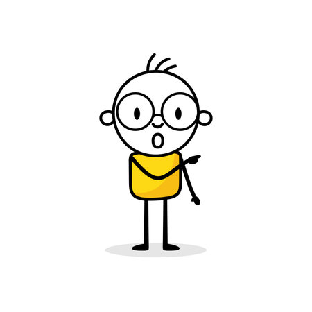 Comic astonished man pointing direction. Hand drawn doodle businessman. Vector stock illustrationのイラスト素材