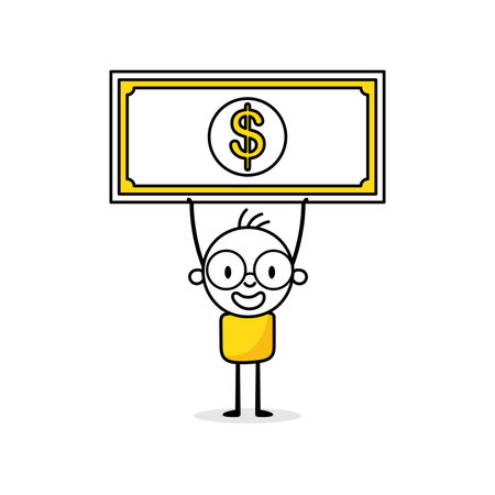 Comic man holds a big dollar. Financial and banking concept. Vector stock illustrationのイラスト素材