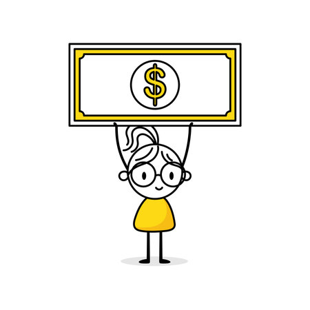 Comic woman holds a big dollar. Financial and banking concept. Vector stock illustrationのイラスト素材