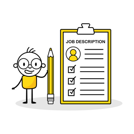 Comic employer man holds a pencil and writing job description document. Hand drawn doodle boy. Job description, qualification and requirement for job position concept. Vector stock illustrationのイラスト素材