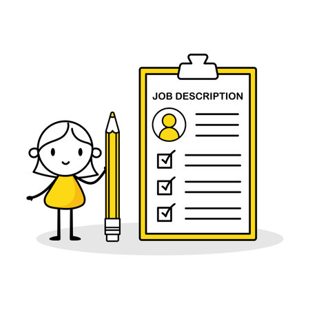 Comic employer woman holds a pencil and writing job description document. Hand drawn doodle girl. Job description, qualification and requirement for job position concept. Vector stock illustrationのイラスト素材