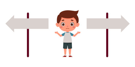 Cute little boy looking at road sign and decide the right way. Template for children design. Cartoon schoolboy character. Vector illustrationのイラスト素材